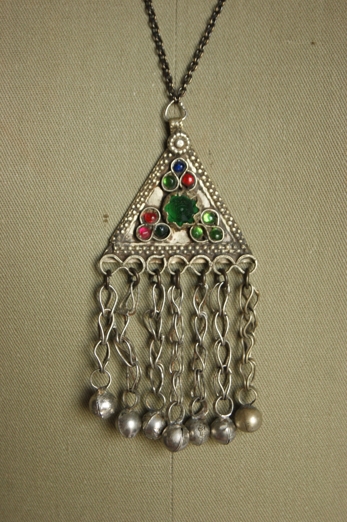 Antique Afghan Silver Triangular Pendant Necklace with Glass Cabochons