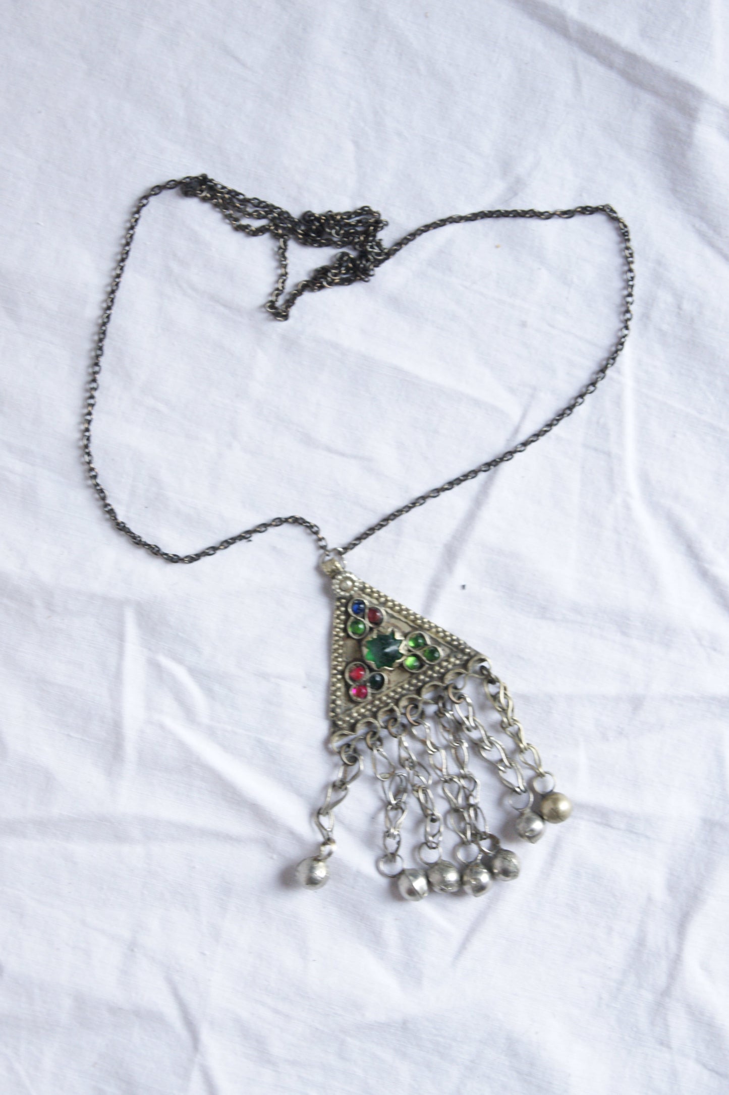 Antique Afghan Silver Triangular Pendant Necklace with Glass Cabochons