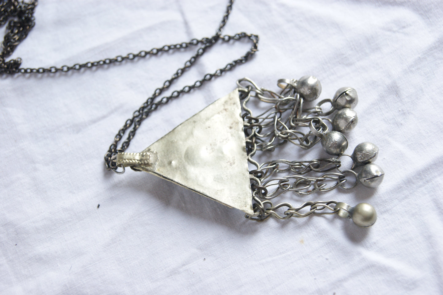 Antique Afghan Silver Triangular Pendant Necklace with Glass Cabochons