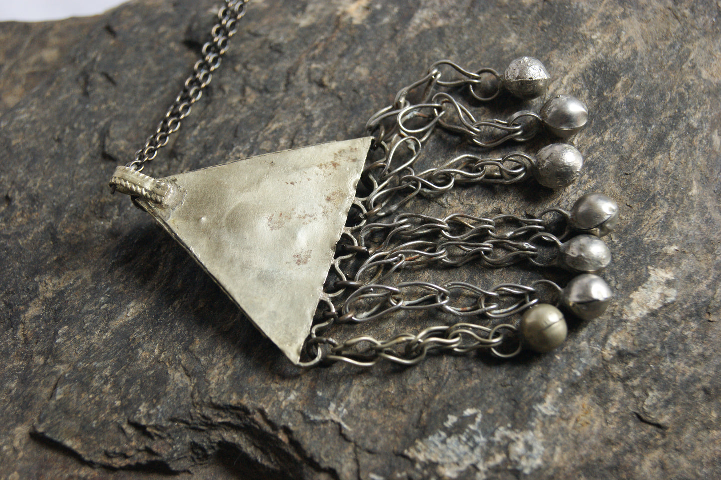 Antique Afghan Silver Triangular Pendant Necklace with Glass Cabochons