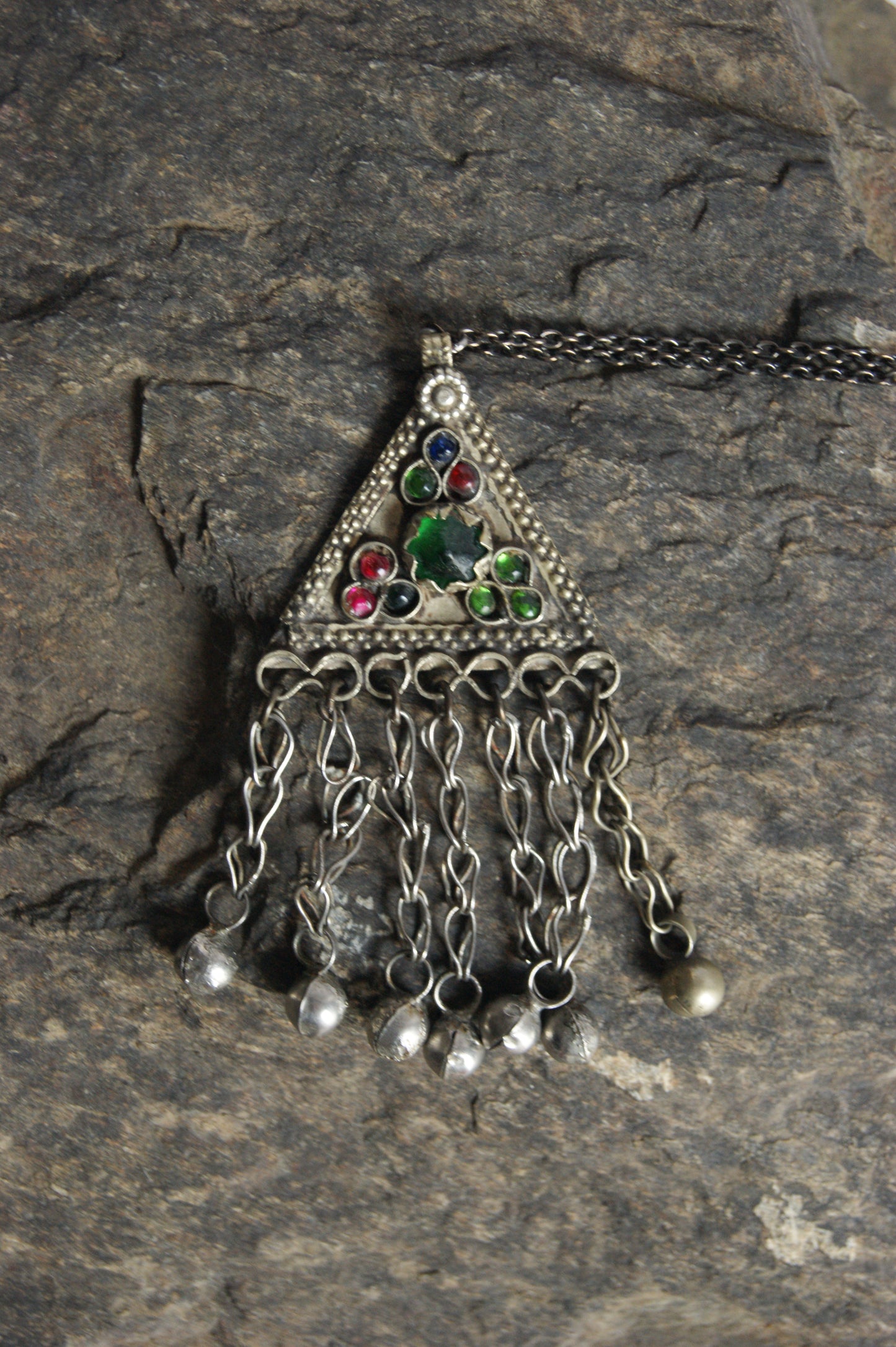 Antique Afghan Silver Triangular Pendant Necklace with Glass Cabochons