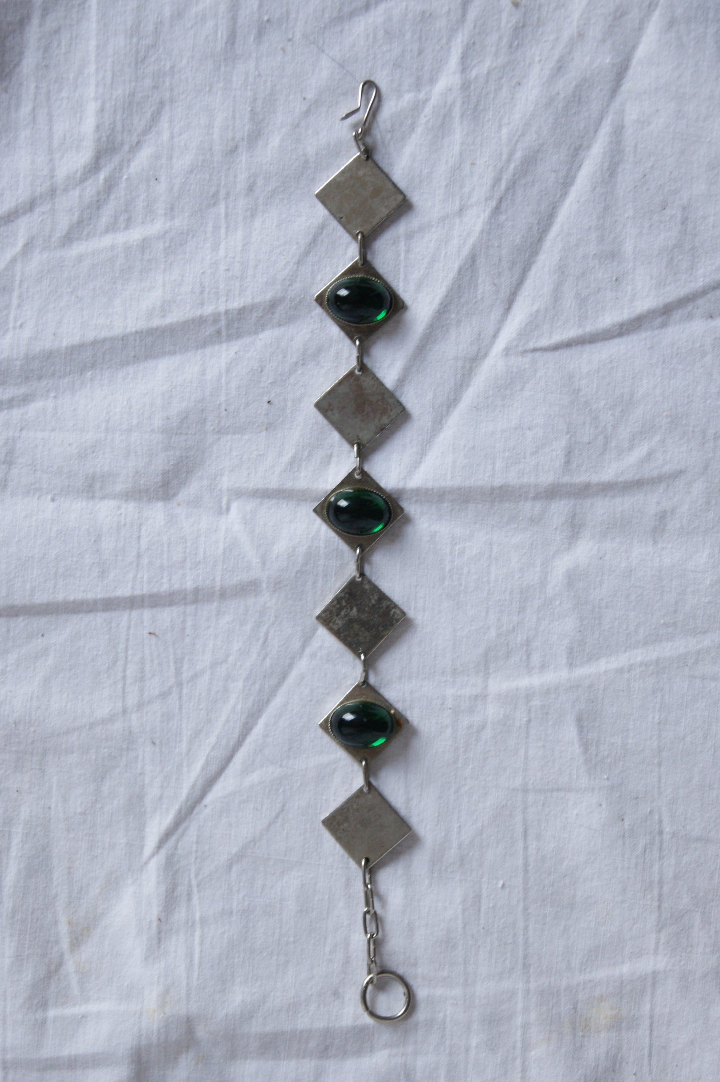1970s Hand-Crafted Silver & Emerald Green Glass Geometric Bracelet