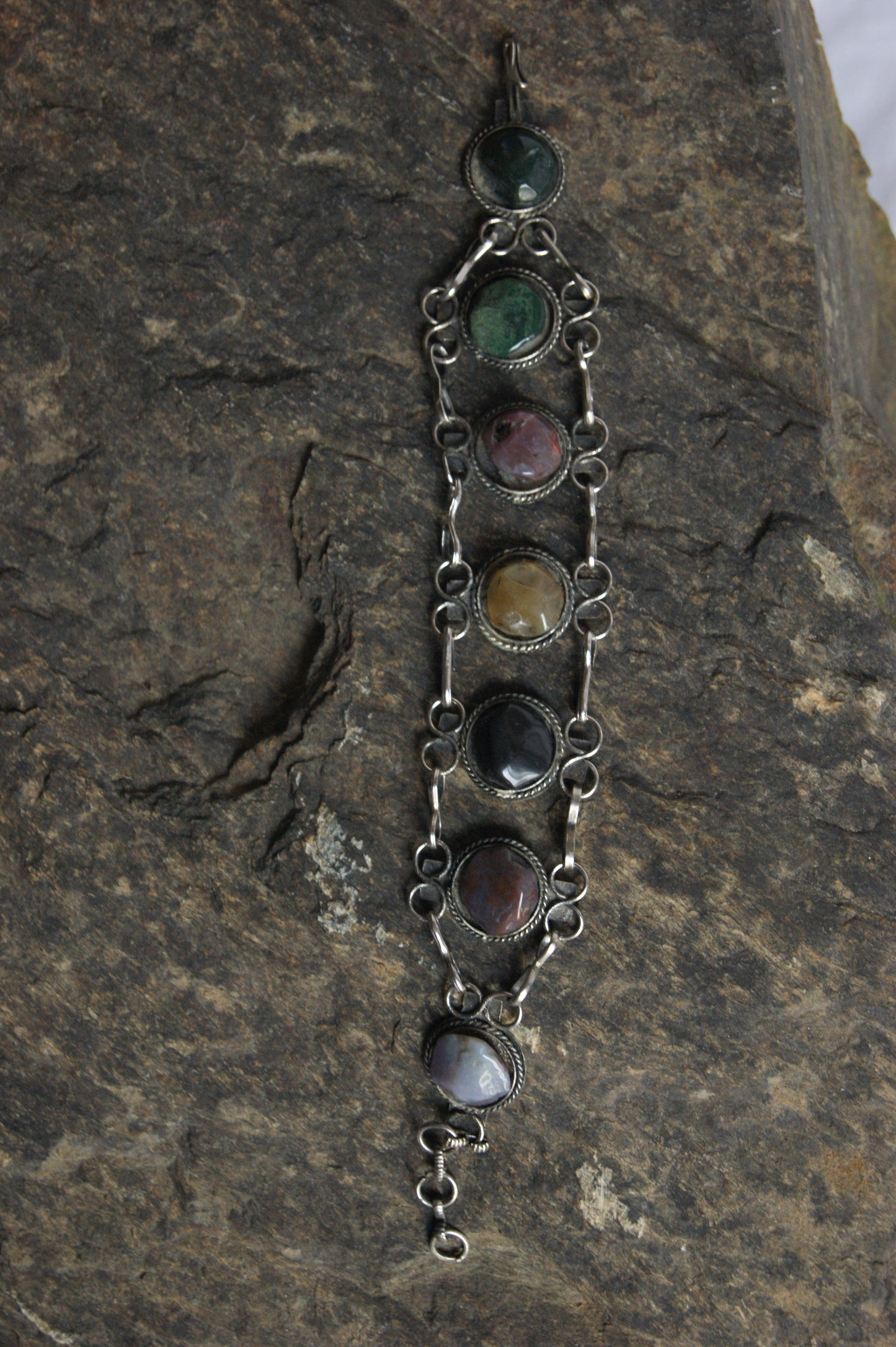 1970s Indian Silver & Multi-Stone Harmony Bracelet & Earrings Set