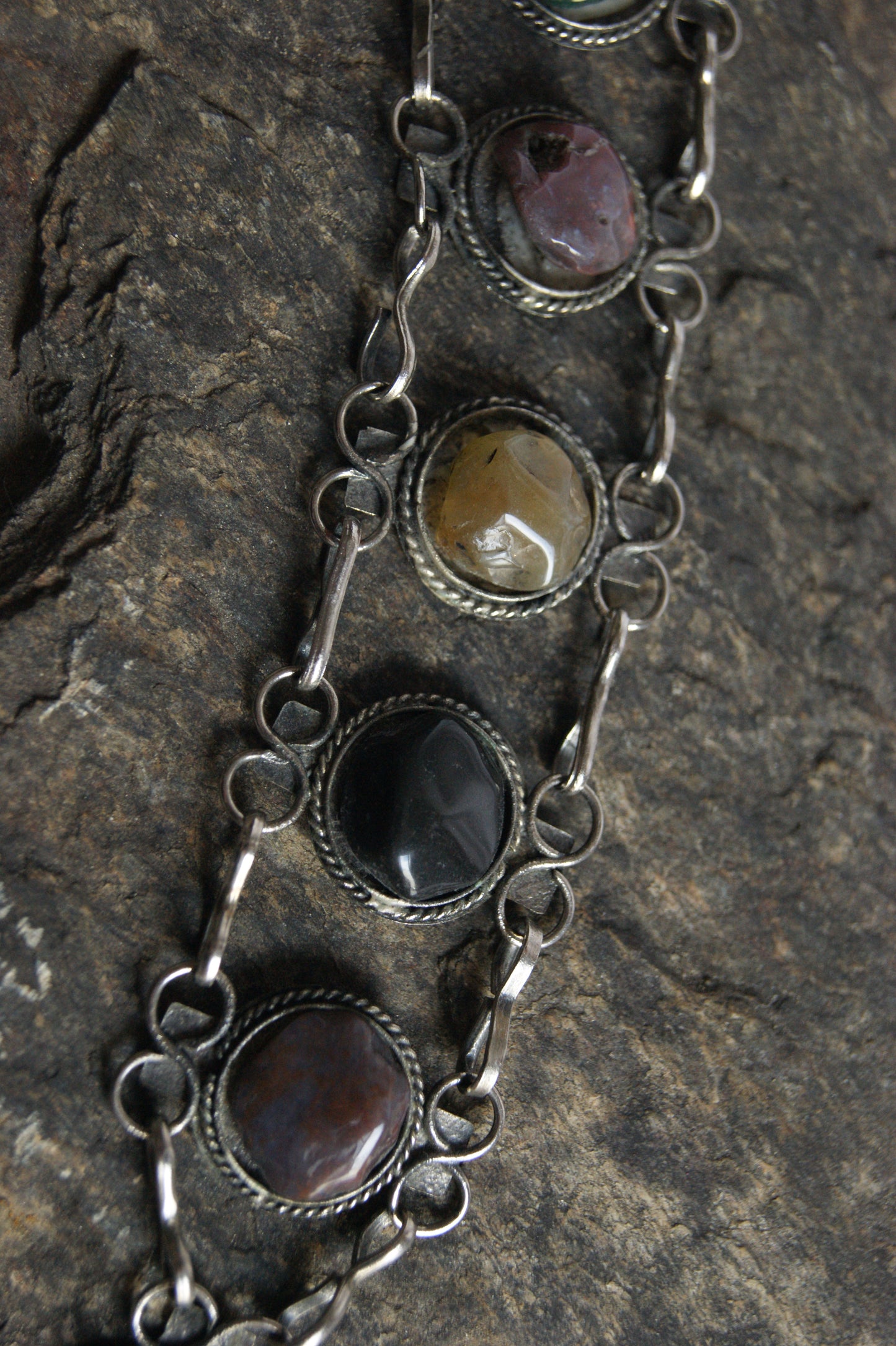 1970s Indian Silver & Multi-Stone Harmony Bracelet & Earrings Set