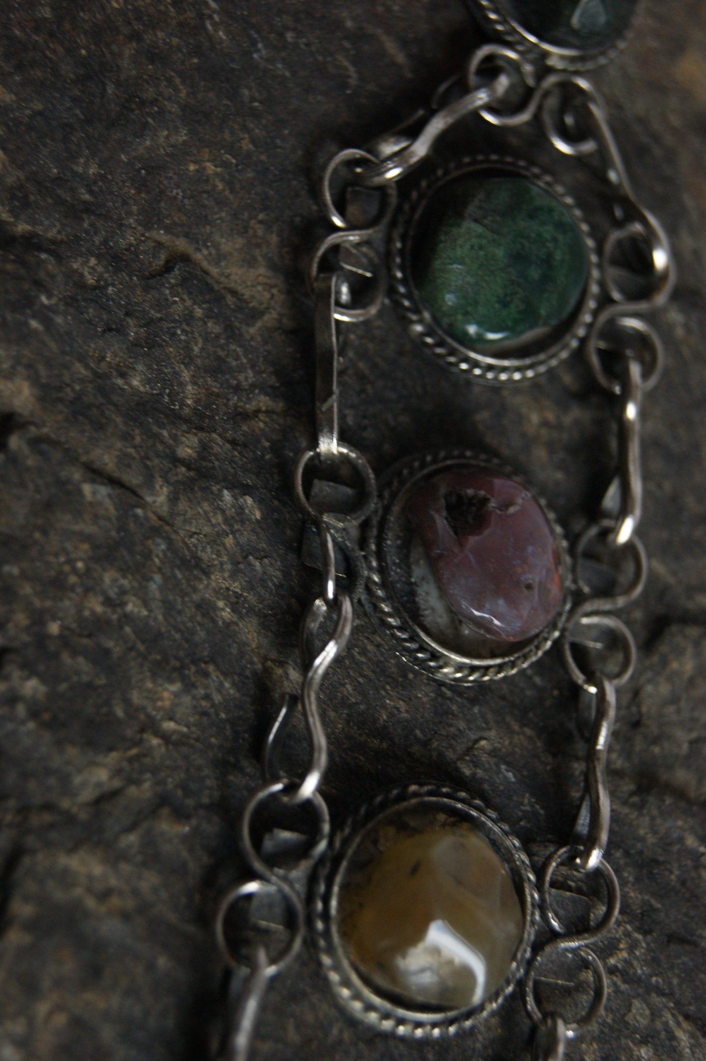 1970s Indian Silver & Multi-Stone Harmony Bracelet & Earrings Set