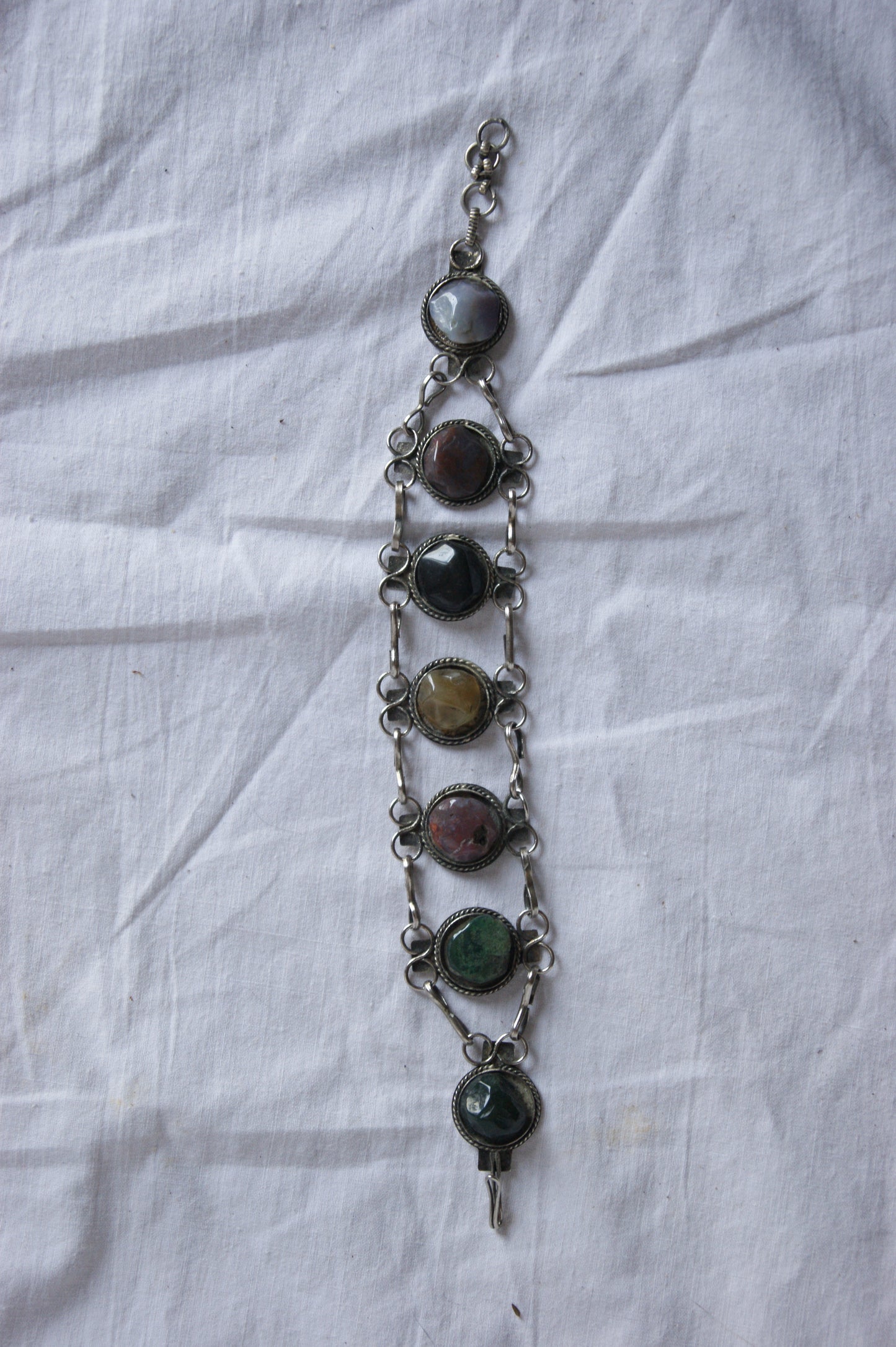 1970s Indian Silver & Multi-Stone Harmony Bracelet & Earrings Set