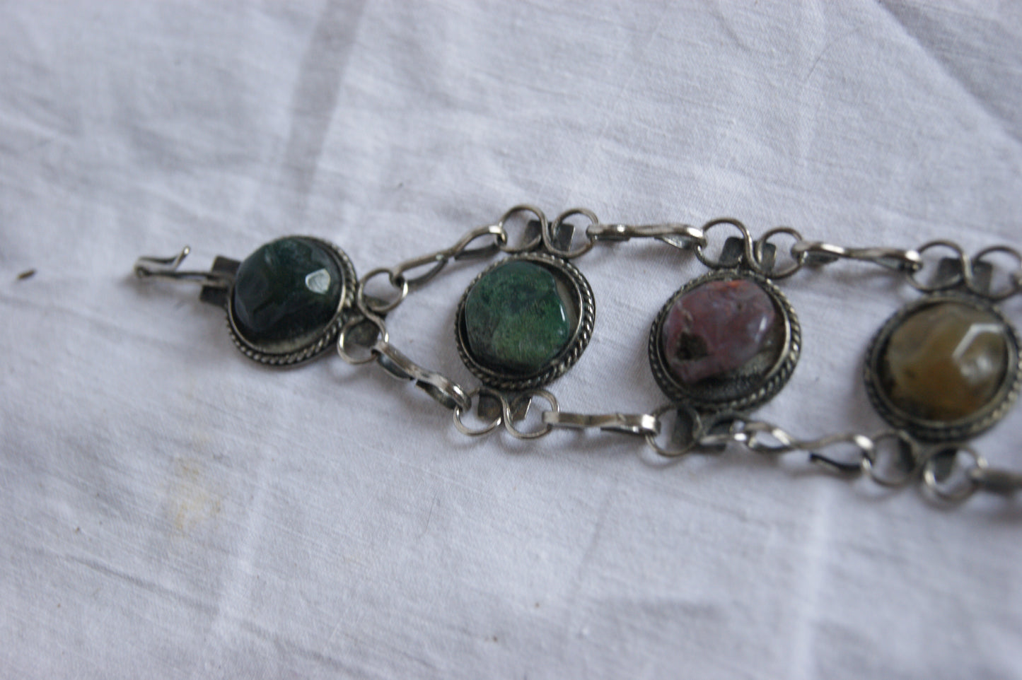1970s Indian Silver & Multi-Stone Harmony Bracelet & Earrings Set