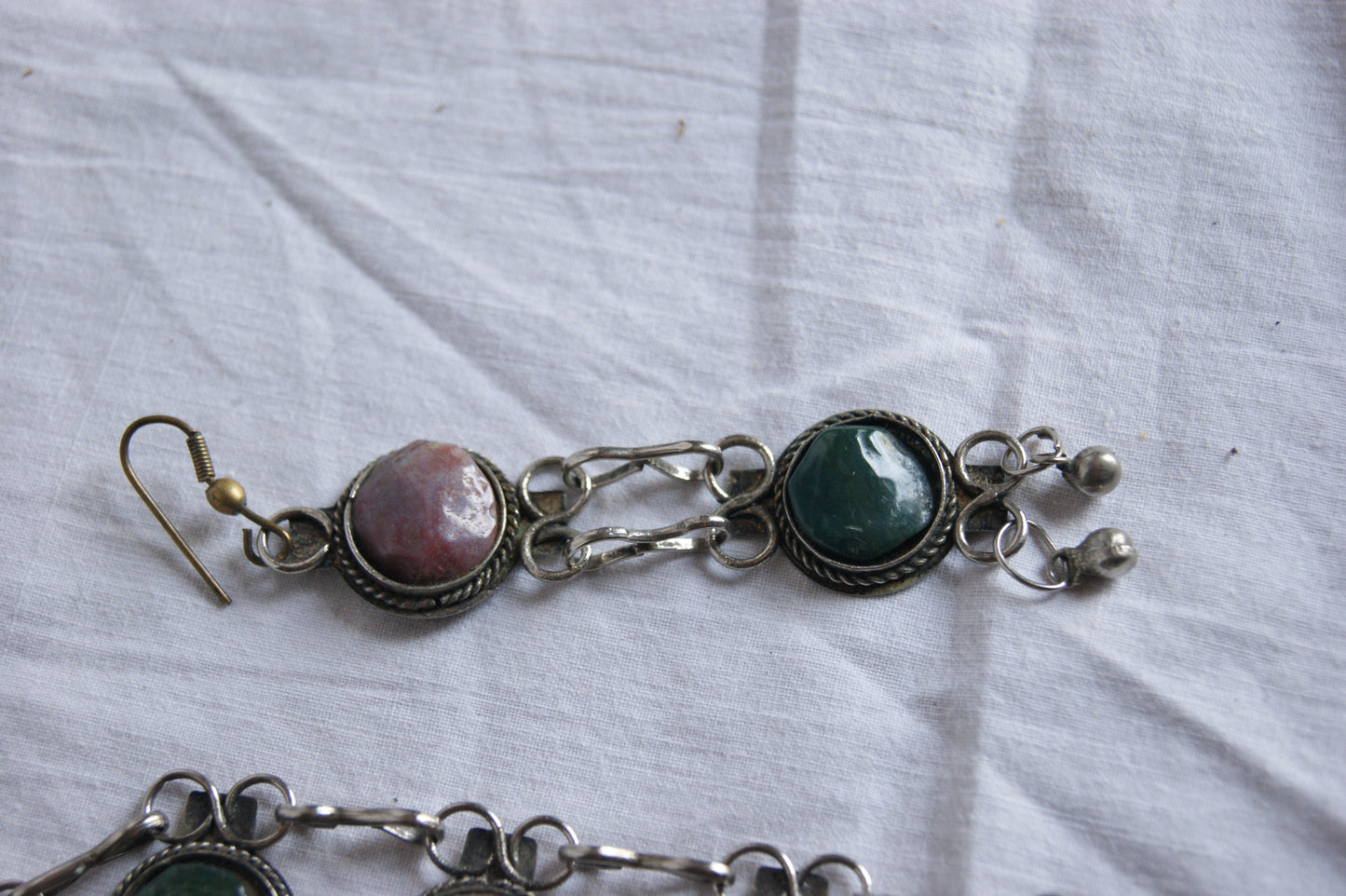 1970s Indian Silver & Multi-Stone Harmony Bracelet & Earrings Set