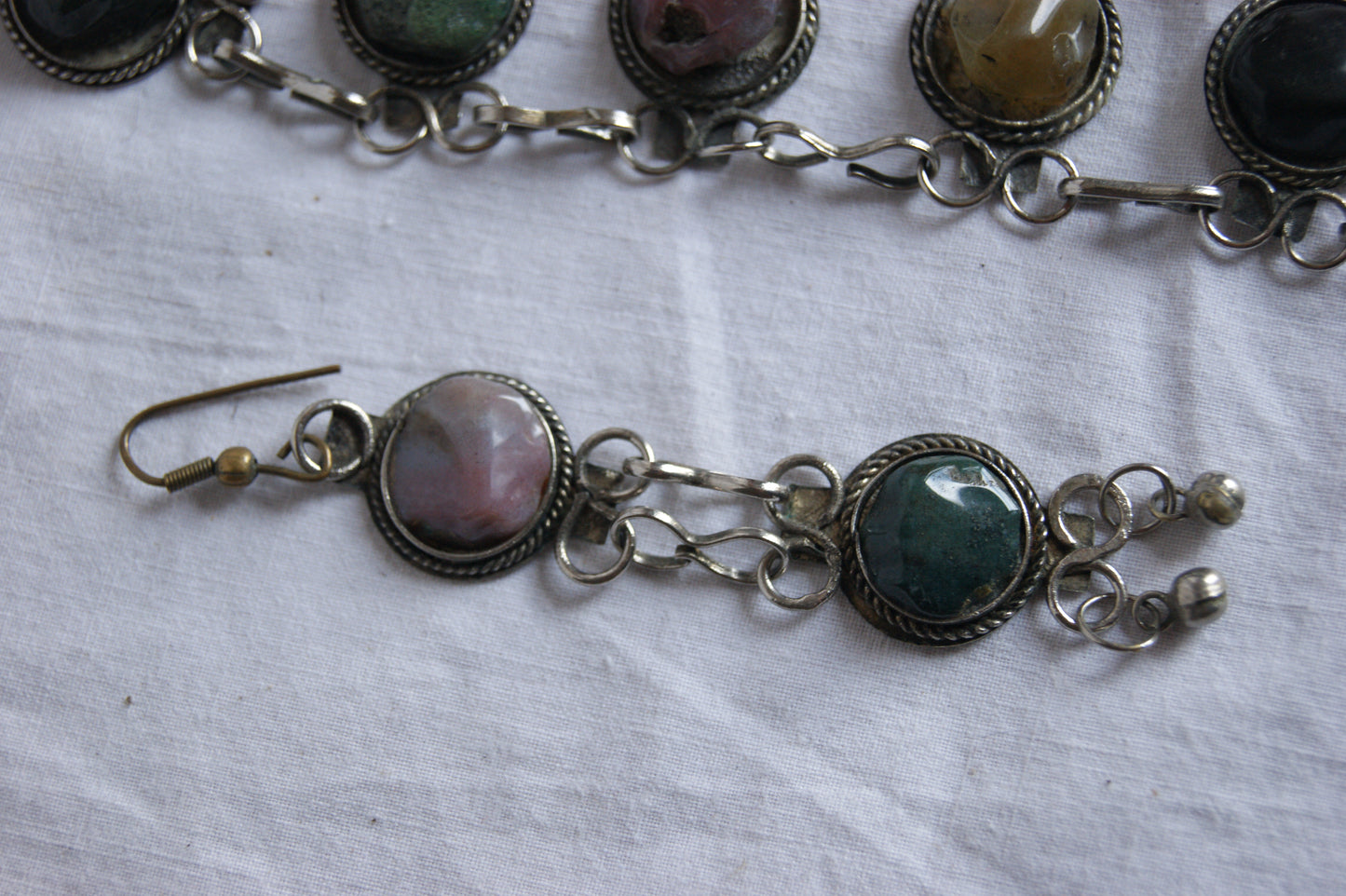 1970s Indian Silver & Multi-Stone Harmony Bracelet & Earrings Set