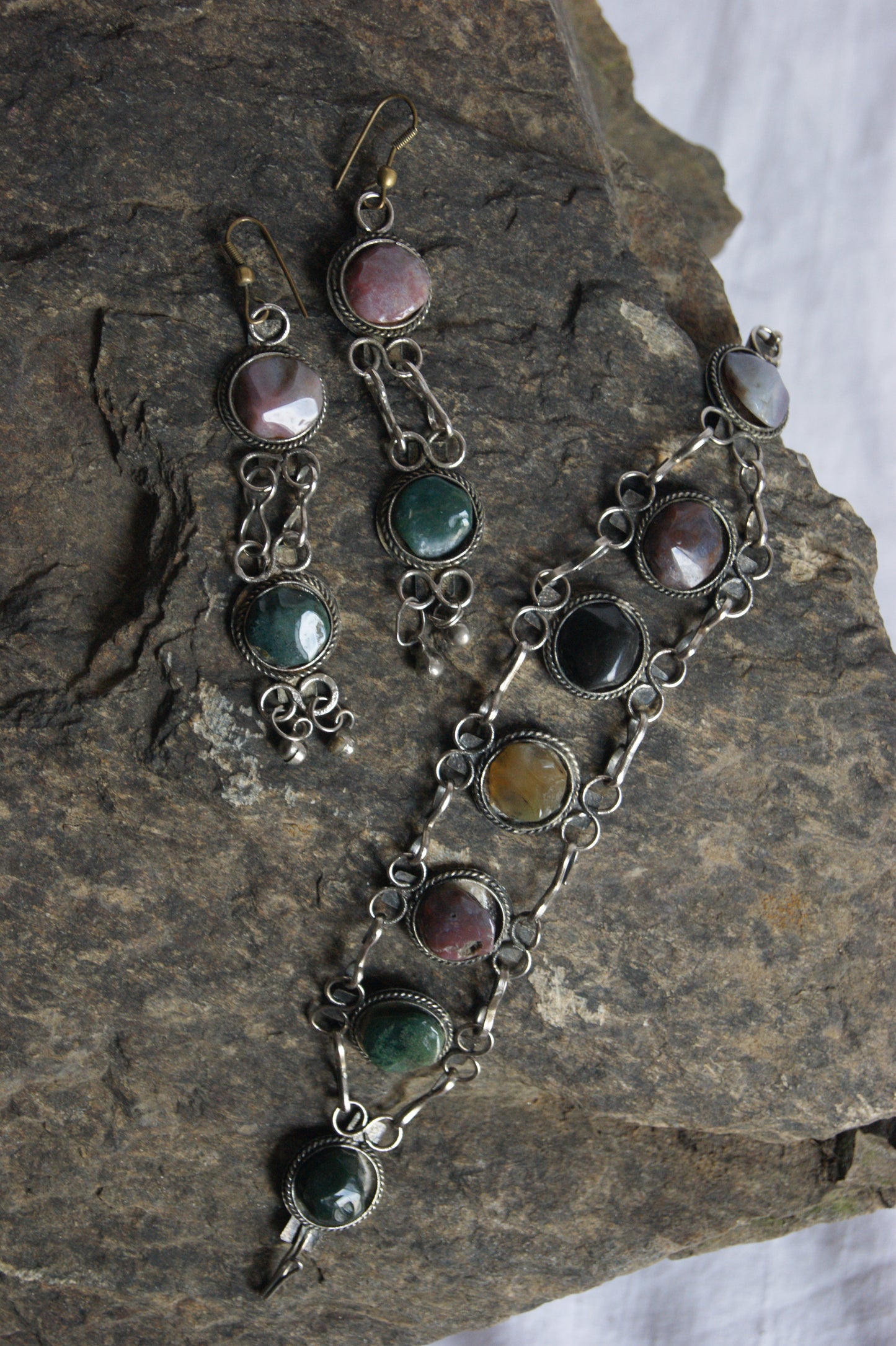 1970s Indian Silver & Multi-Stone Harmony Bracelet & Earrings Set