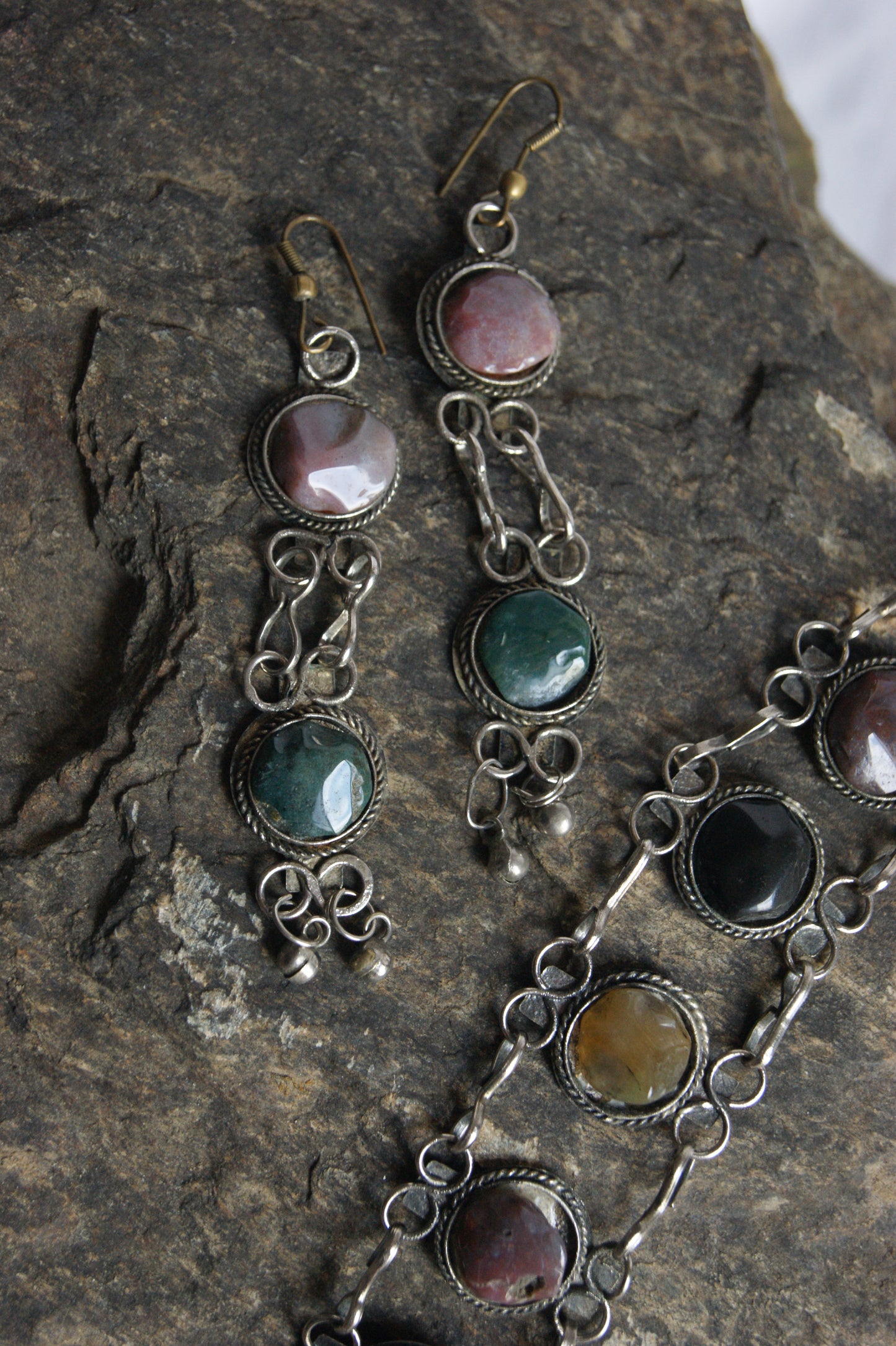 1970s Indian Silver & Multi-Stone Harmony Bracelet & Earrings Set