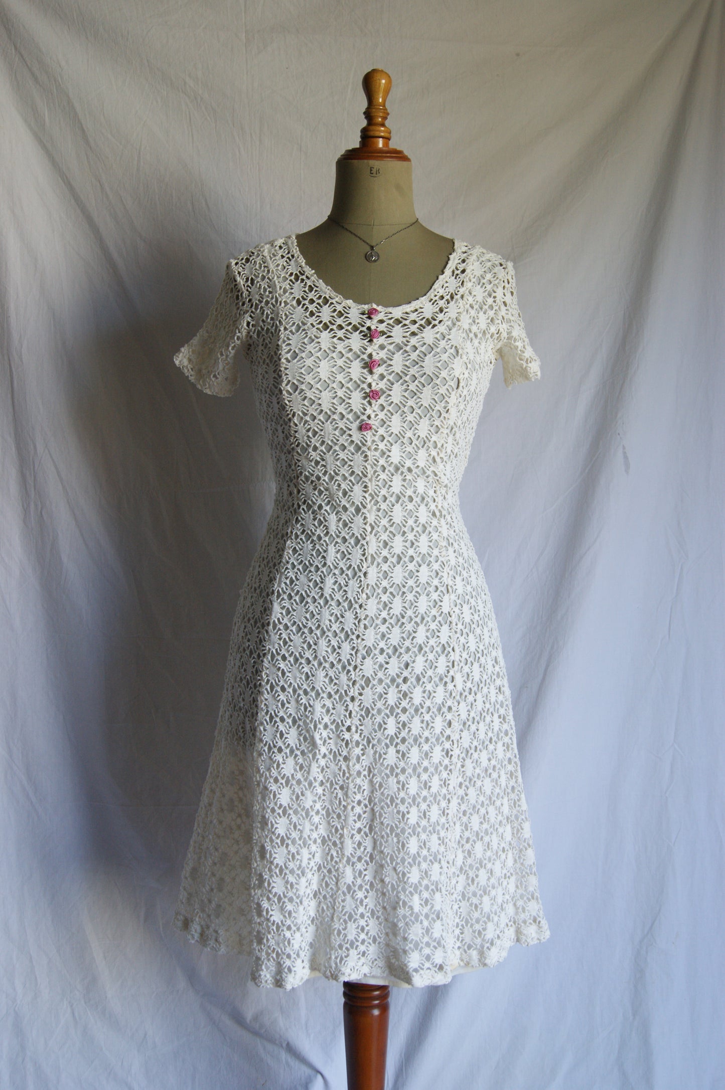 1970s Cotton Lace Dress with Waist Tie - S/M