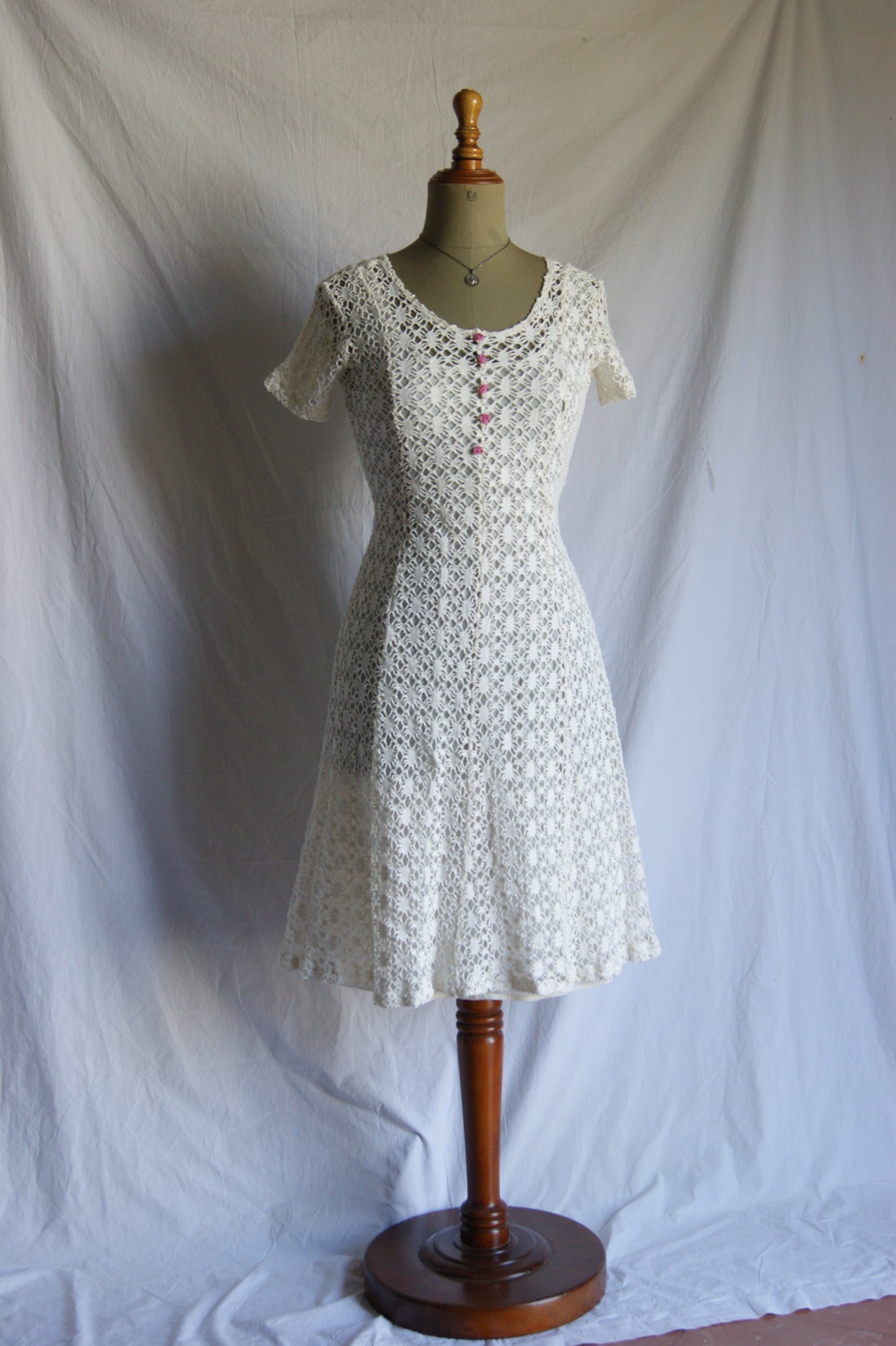 1970s Cotton Lace Dress with Waist Tie - S/M
