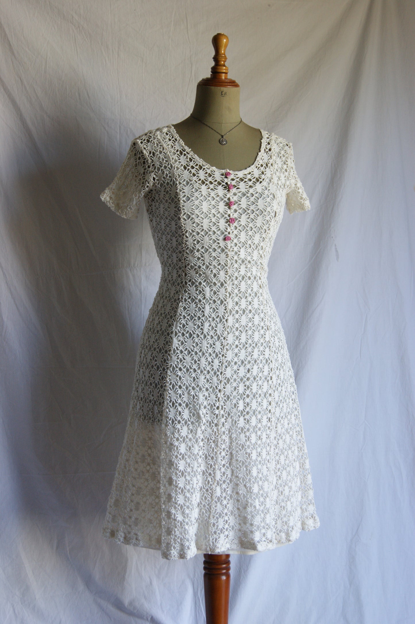 1970s Cotton Lace Dress with Waist Tie - S/M