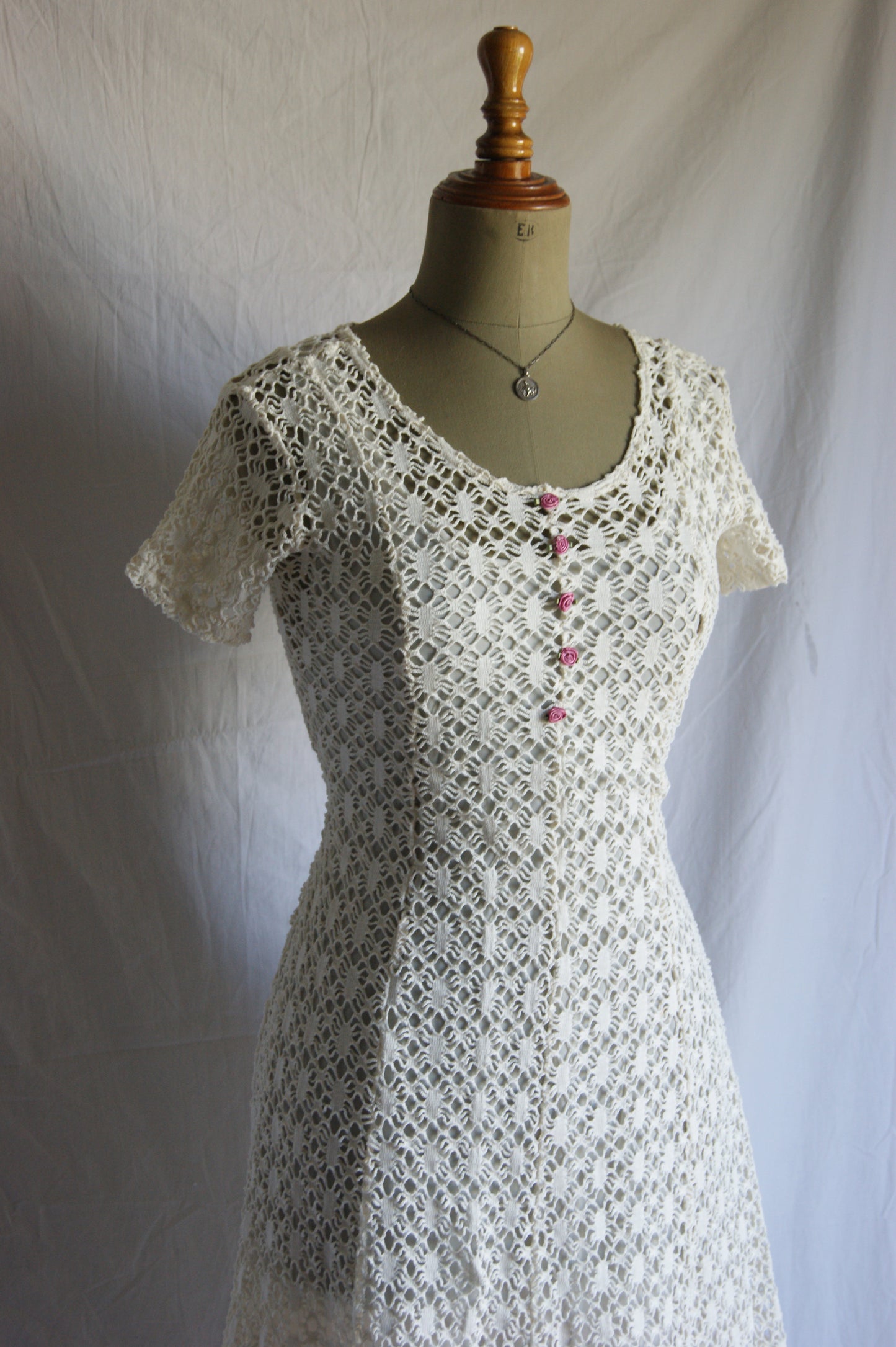 1970s Cotton Lace Dress with Waist Tie - S/M