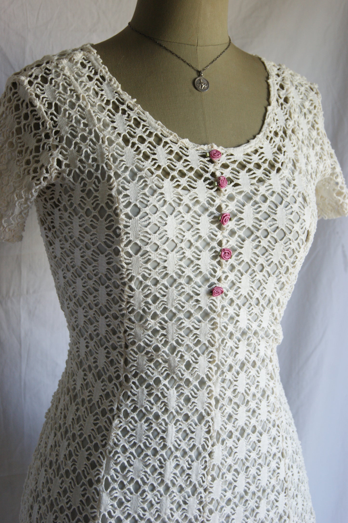 1970s Cotton Lace Dress with Waist Tie - S/M