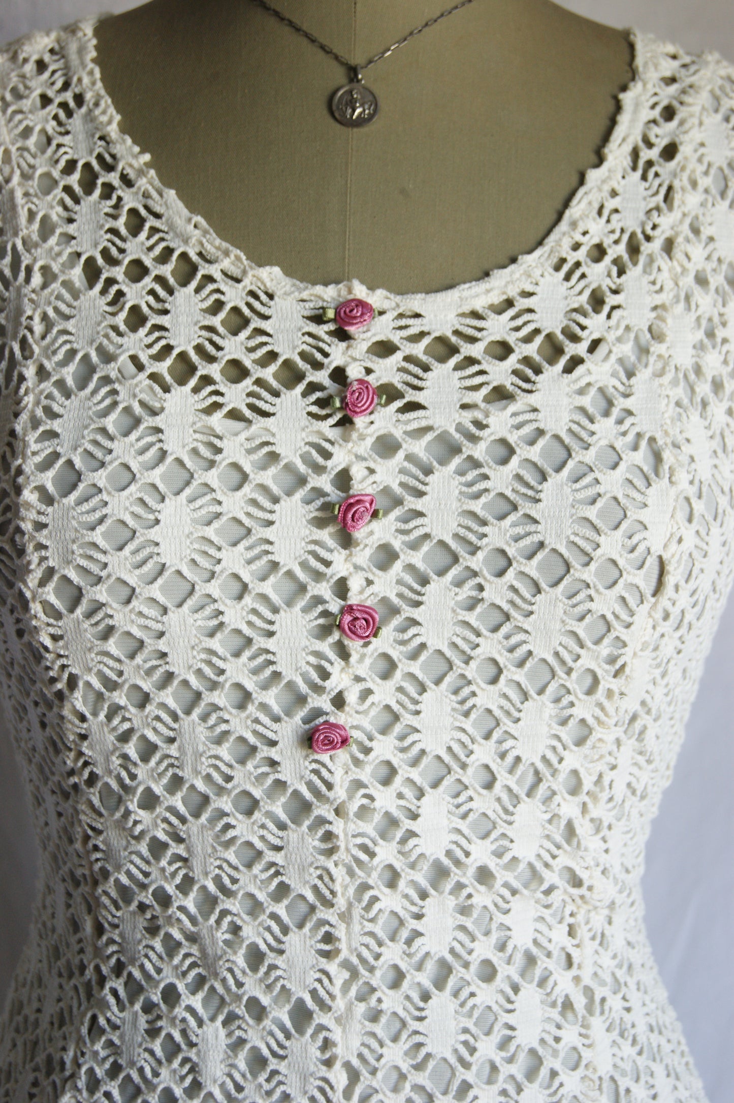 1970s Cotton Lace Dress with Waist Tie - S/M