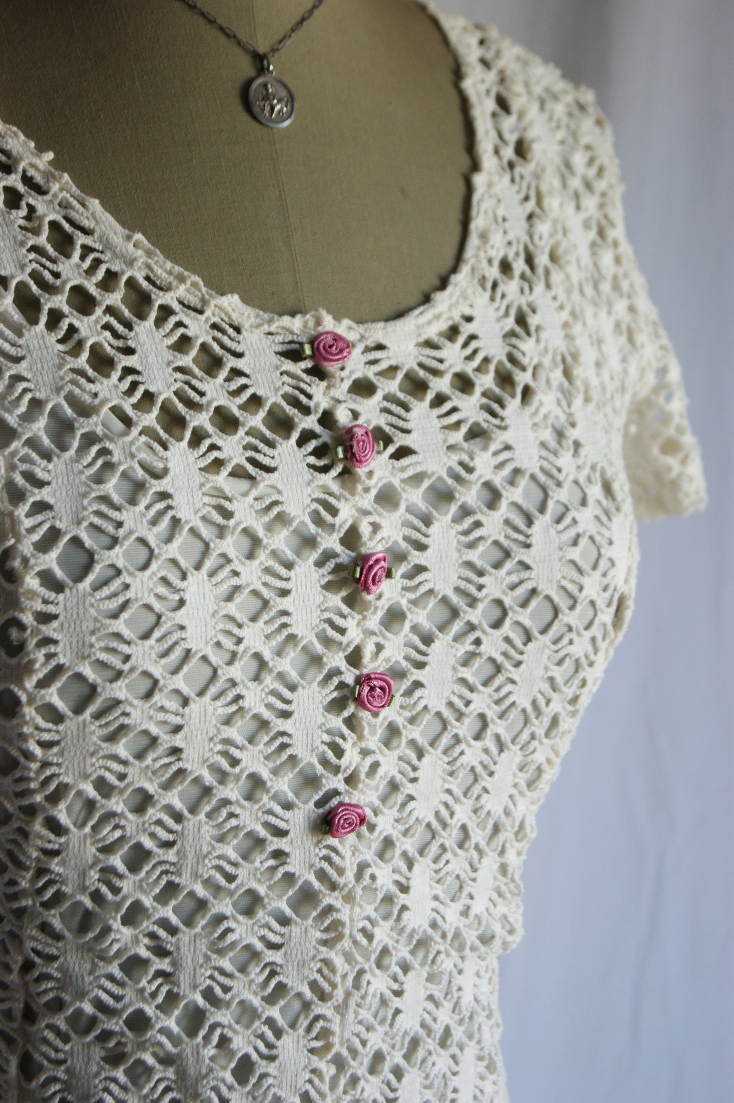 1970s Cotton Lace Dress with Waist Tie - S/M