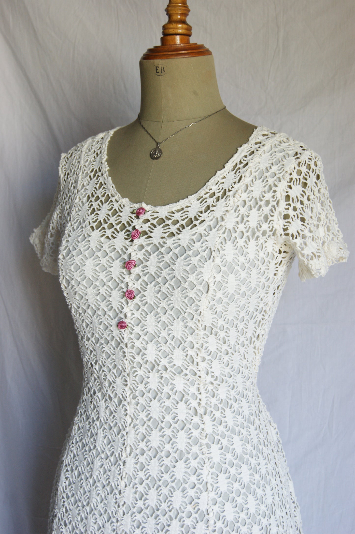 1970s Cotton Lace Dress with Waist Tie - S/M