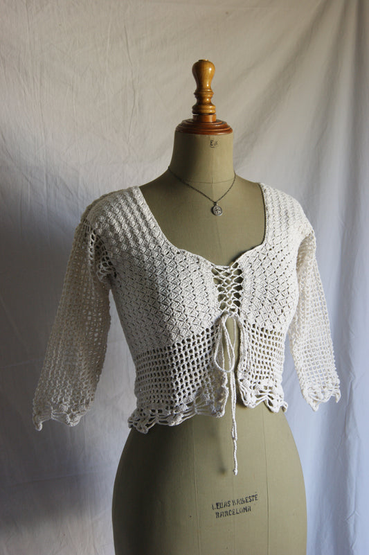 1970s Hand-Crocheted Cotton Lace-Up Cardigan with Scalloped Edges