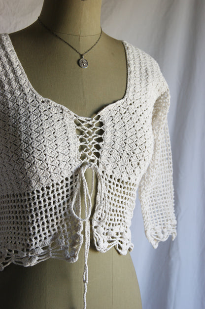 1970s Hand-Crocheted Cotton Lace-Up Cardigan with Scalloped Edges