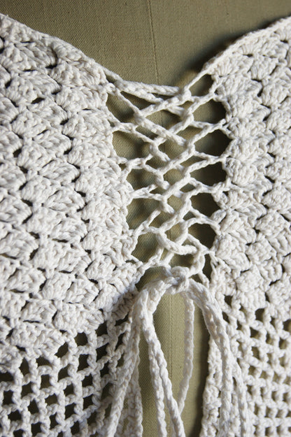 1970s Hand-Crocheted Cotton Lace-Up Cardigan with Scalloped Edges