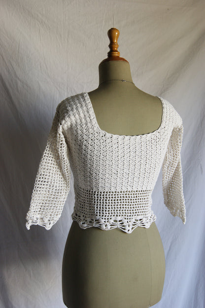 1970s Hand-Crocheted Cotton Lace-Up Cardigan with Scalloped Edges