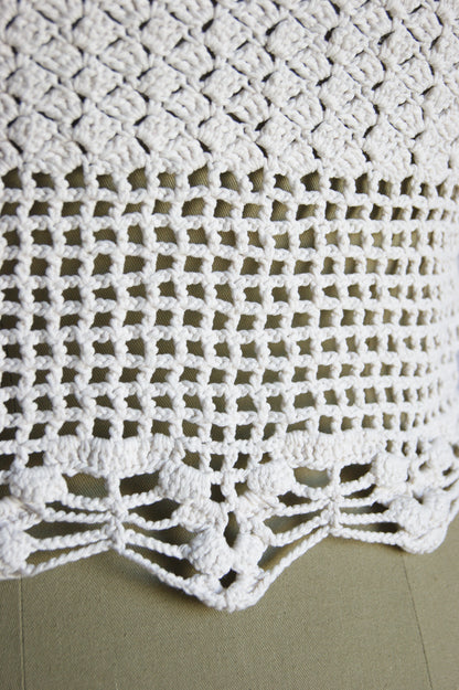 1970s Hand-Crocheted Cotton Lace-Up Cardigan with Scalloped Edges
