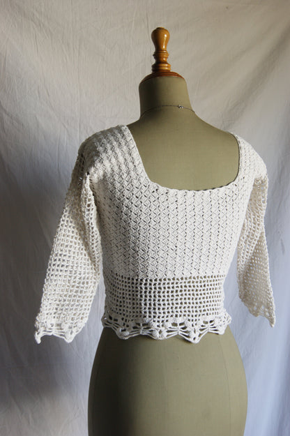 1970s Hand-Crocheted Cotton Lace-Up Cardigan with Scalloped Edges