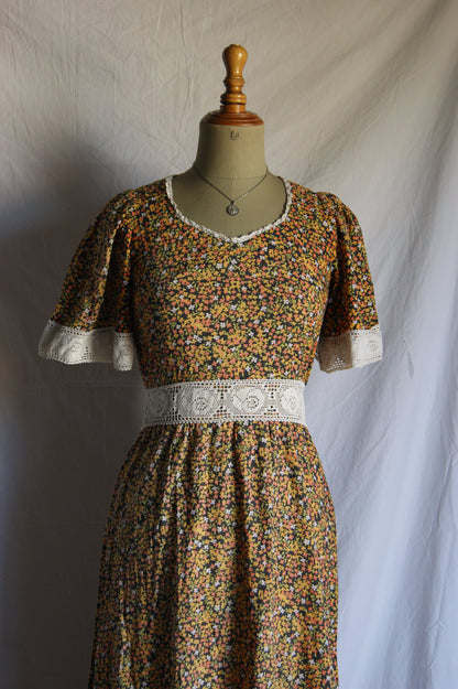 1970s Hand-Sewn Prairie Dress with Hand-Crocheted Details - S/M