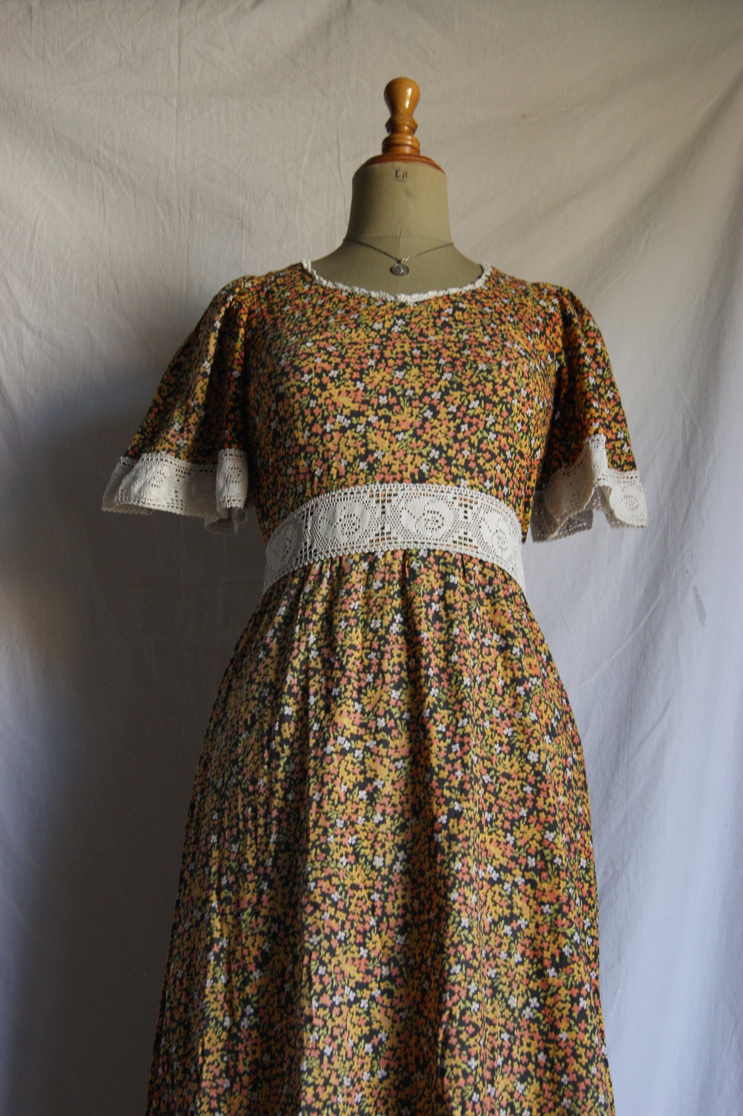 1970s Hand-Sewn Prairie Dress with Hand-Crocheted Details - S/M