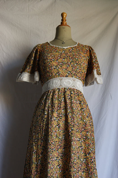 1970s Hand-Sewn Prairie Dress with Hand-Crocheted Details - S/M