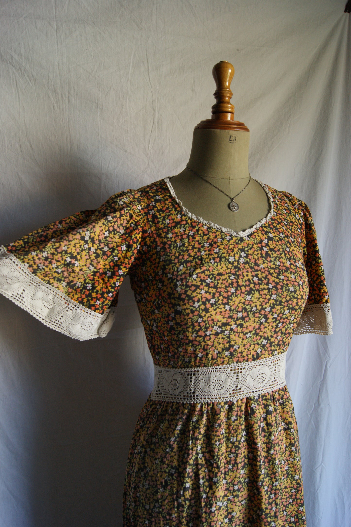 1970s Hand-Sewn Prairie Dress with Hand-Crocheted Details - S/M