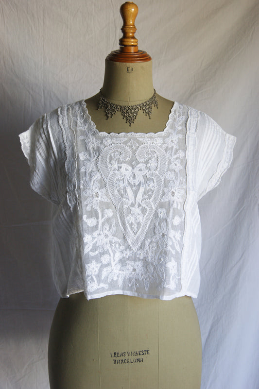 1980s Hand-Embroidered Cotton Blouse with Ribbon & Floral Motif