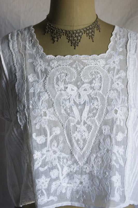 1980s Hand-Embroidered Cotton Blouse with Ribbon & Floral Motif
