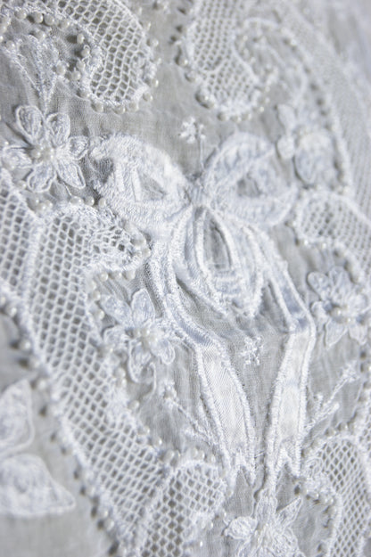 1980s Hand-Embroidered Cotton Blouse with Ribbon & Floral Motif
