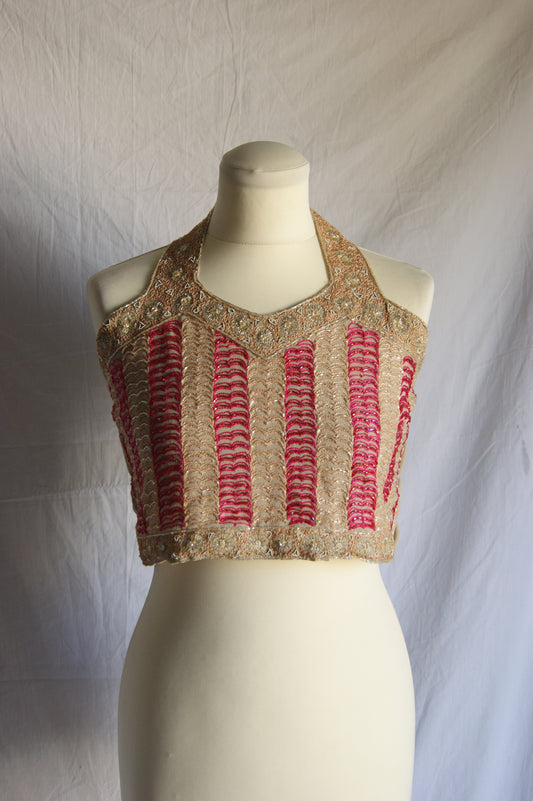 1960s Indian Hand-Embroidered Halter Blouse with Golden Zardozi Work