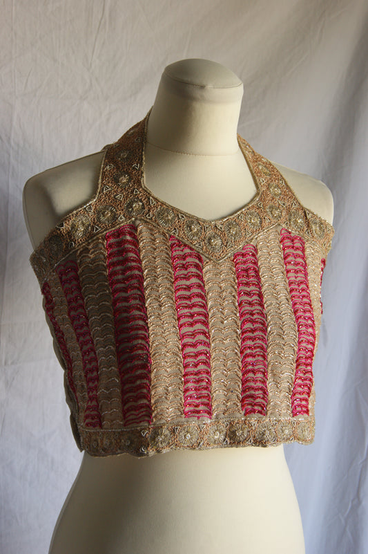 1960s Indian Hand-Embroidered Halter Blouse with Golden Zardozi Work