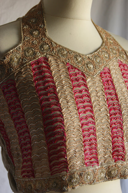1960s Indian Hand-Embroidered Halter Blouse with Golden Zardozi Work