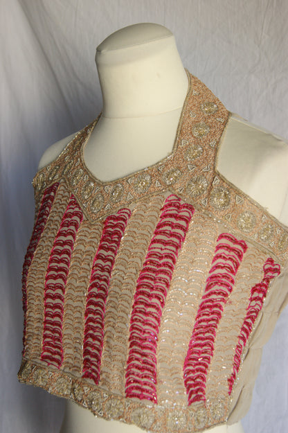 1960s Indian Hand-Embroidered Halter Blouse with Golden Zardozi Work
