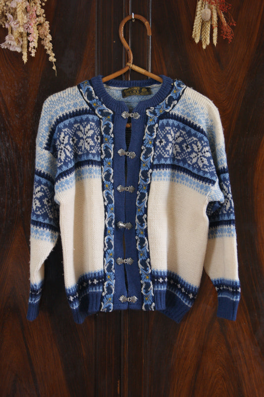 1980s Norwegian Fair Isle Wool Cardigan with Ornate Silver Clasps