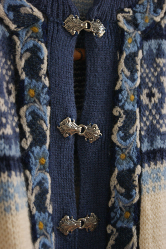 1980s Norwegian Fair Isle Wool Cardigan with Ornate Silver Clasps