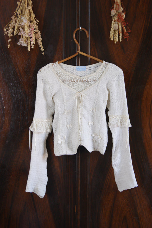 1980s Romantic Cream Wool Blend Cardigan with Embroidered Roses - S/M