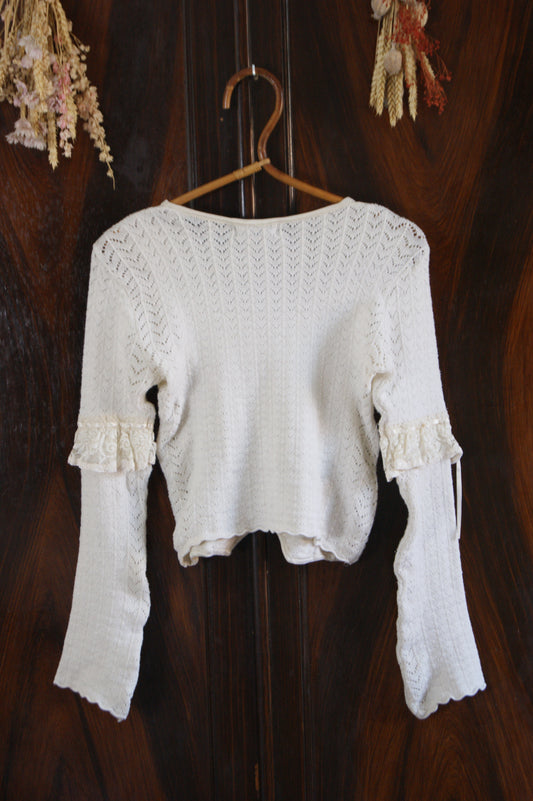 1980s Romantic Cream Wool Blend Cardigan with Embroidered Roses - S/M