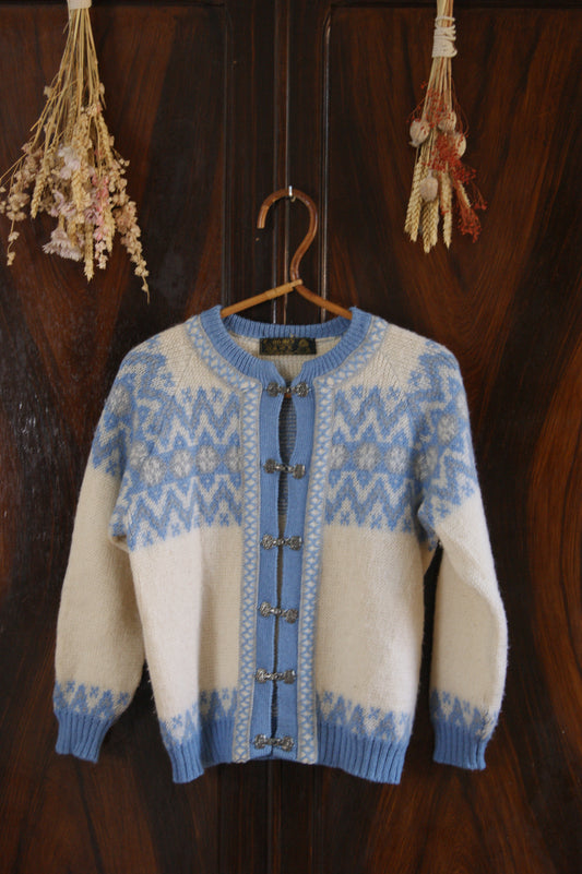 1980s Norwegian Fair Isle Wool Cardigan with Ornate Silver Clasps in Sky Blue - S
