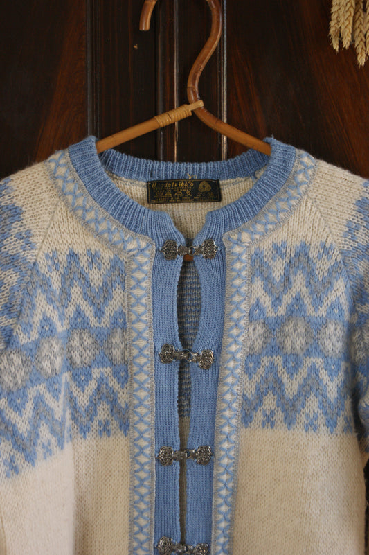 1980s Norwegian Fair Isle Wool Cardigan with Ornate Silver Clasps in Sky Blue - S