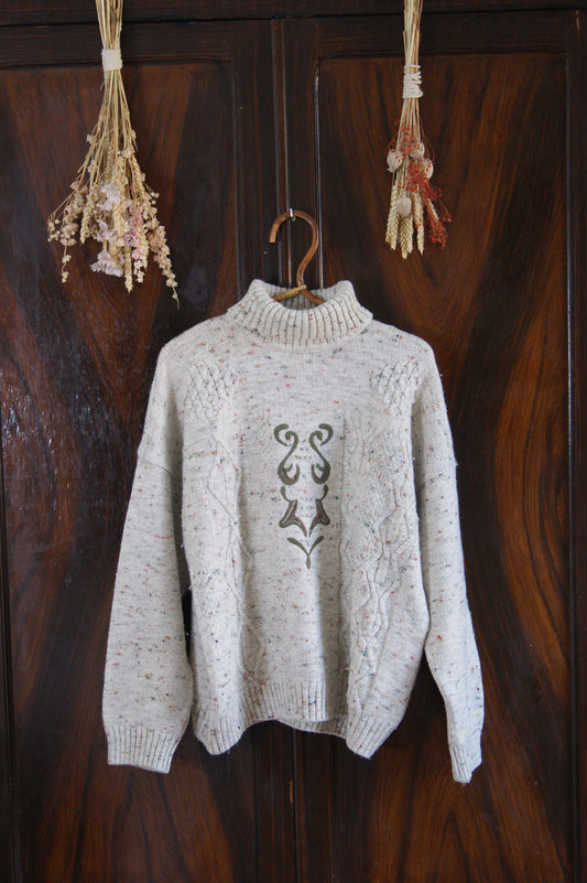 1980s Wool & Alpaca Blend Turtleneck with Embroidered Folk Motif - L