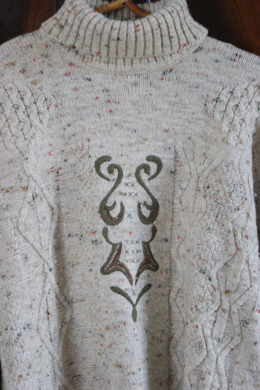1980s Wool & Alpaca Blend Turtleneck with Embroidered Folk Motif - L