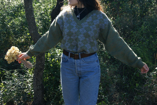1980s Argyle Wool-Blend Sweater in Sage & Slate Blue – Size L