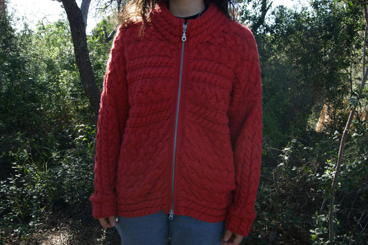 1990s Irish Merino Wool Cable Knit Zip Cardigan in Cranberry Red - L